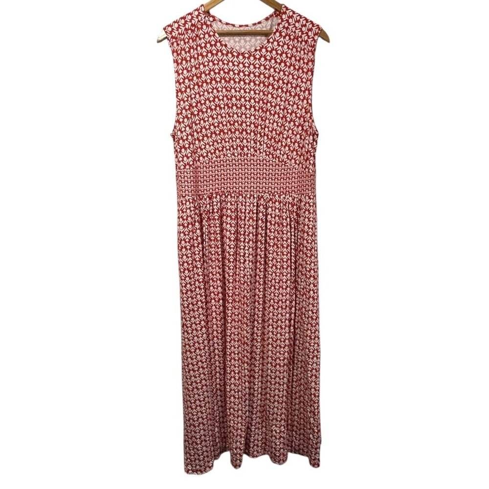 Boden Thea Sleeveless Midi Dress Womens 14 Red White Floral Tulip Stretch Knit